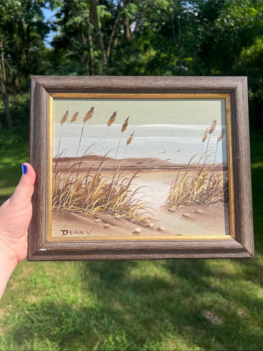 Vintage Canvas Oil Painting Beach Grass Nautical Seascape Signed Framed Wall Art